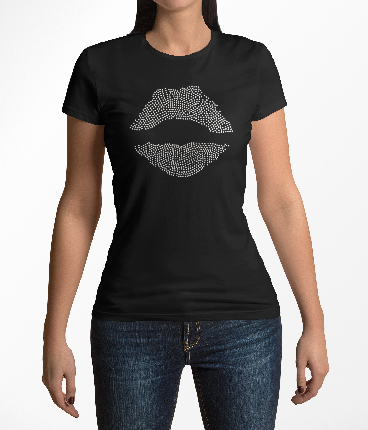 Lips Rhinestone Black Crew Neck Women's T-Shirts