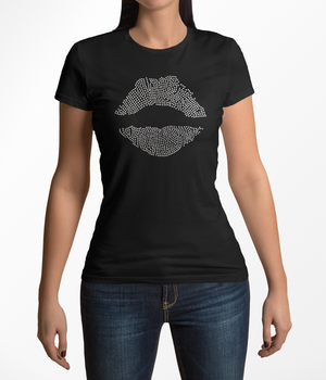 Lips Rhinestone Black Crew Neck Women's T-Shirts