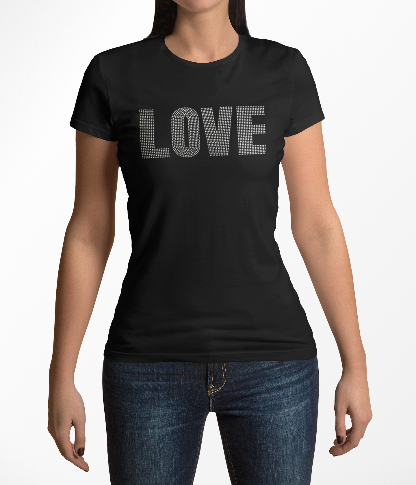 Love Rhinestone Black Crew Neck Women's T-Shirts