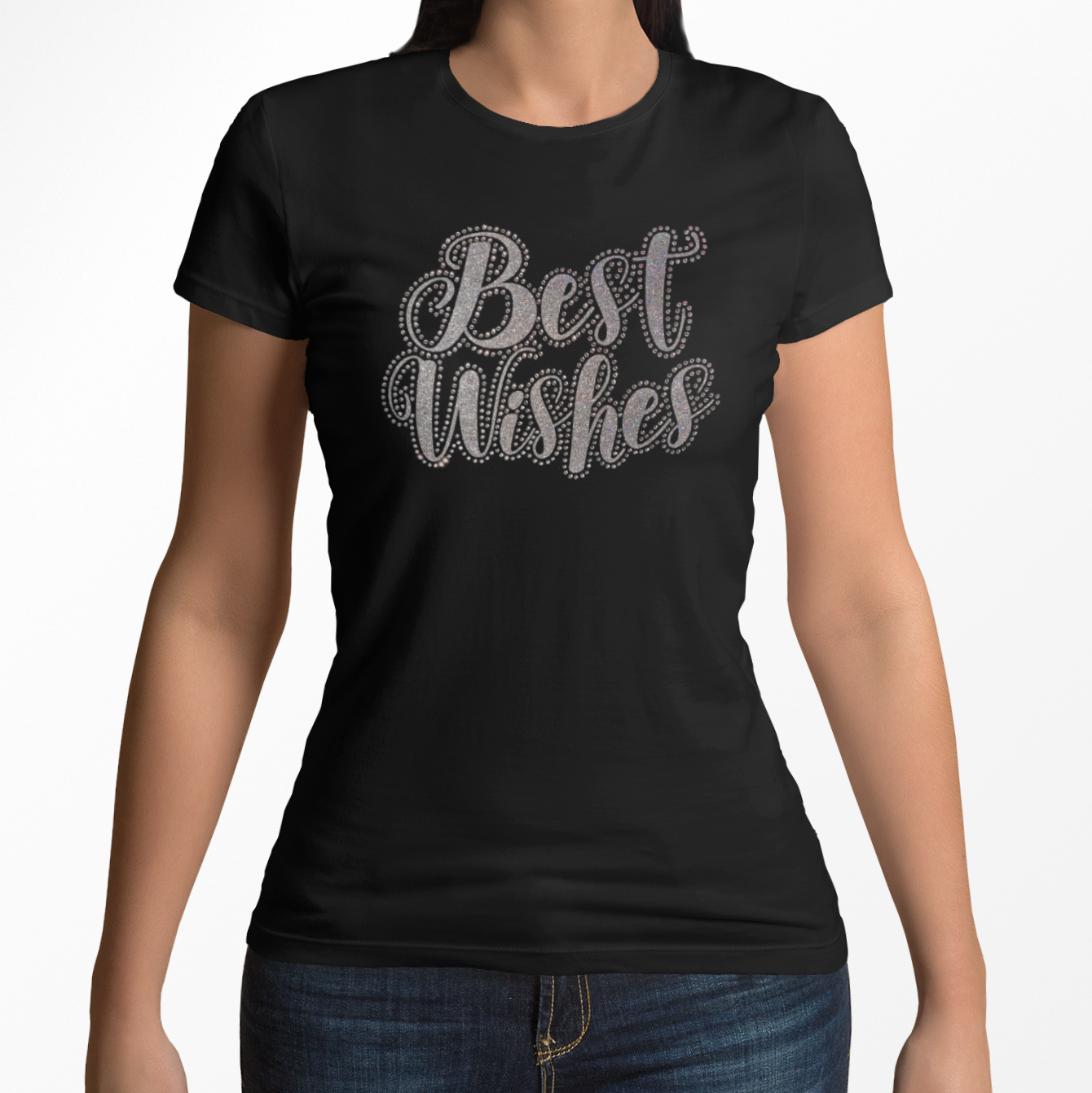 Best Wishes Rhinestones and HTV Black Crew Neck Women's T-Shirts