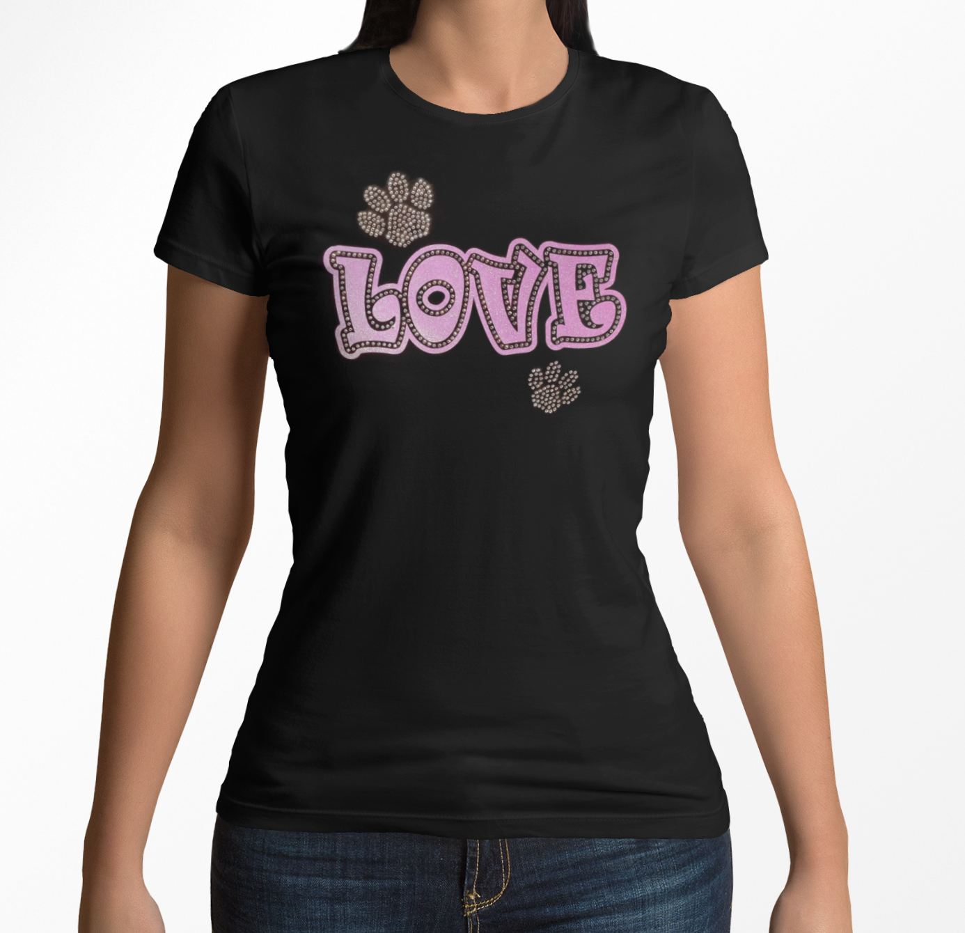 Love with Paws Rhinestones and HTV Black Crew Neck Women's T-Shirts