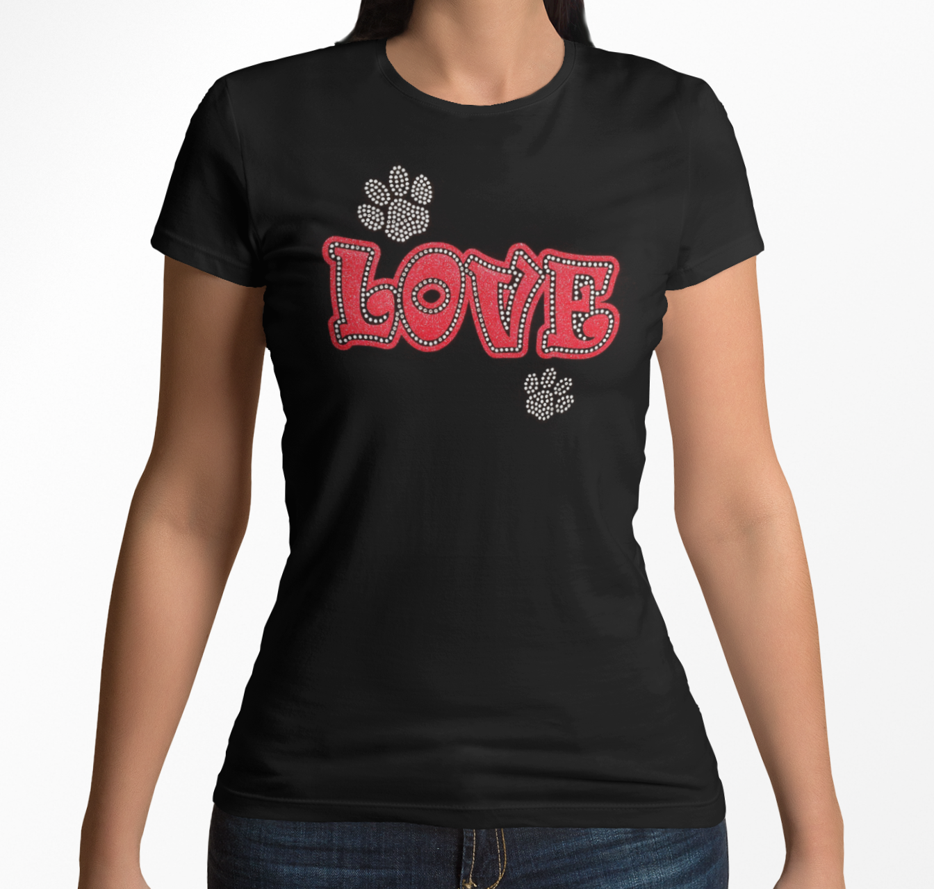 Love with Paws Rhinestones and HTV Black Crew Neck Women's T-Shirts