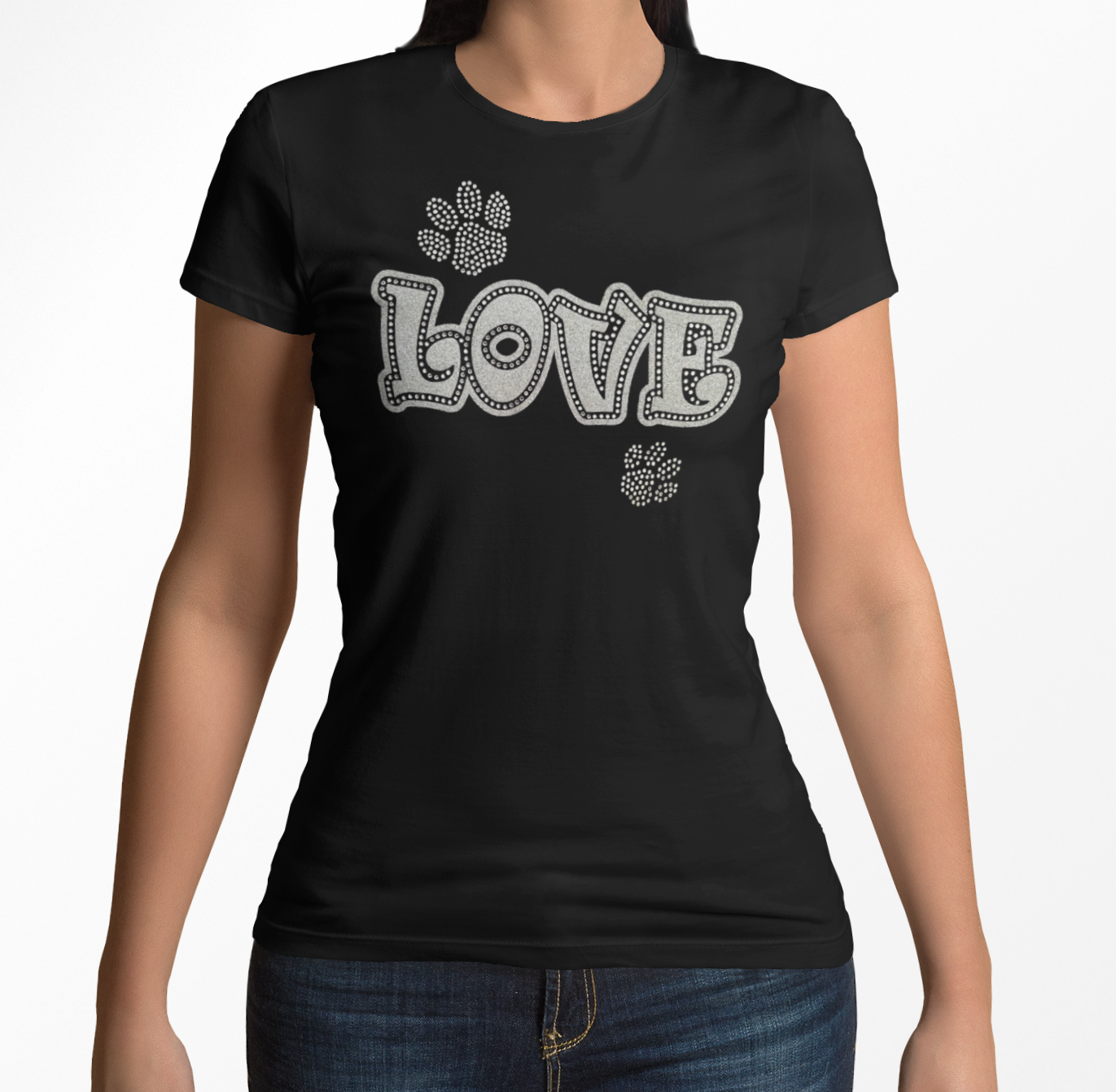 Love with Paws Rhinestones and HTV Black Crew Neck Women's T-Shirts