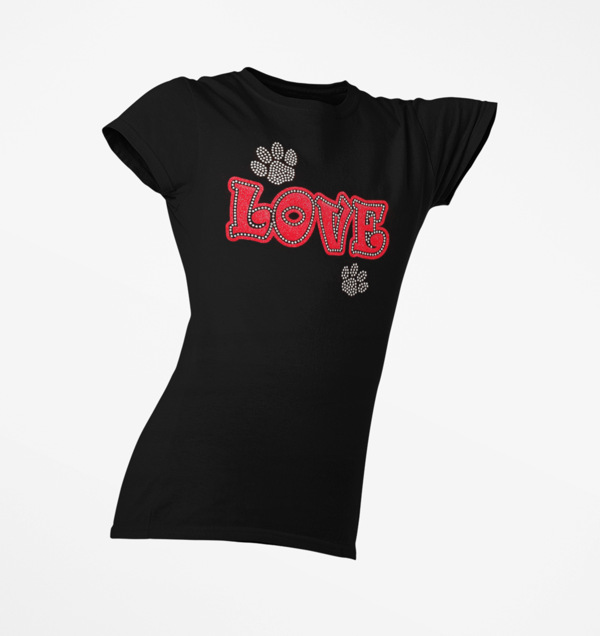 Love with Paws Rhinestones and HTV Black Crew Neck Women's T-Shirts