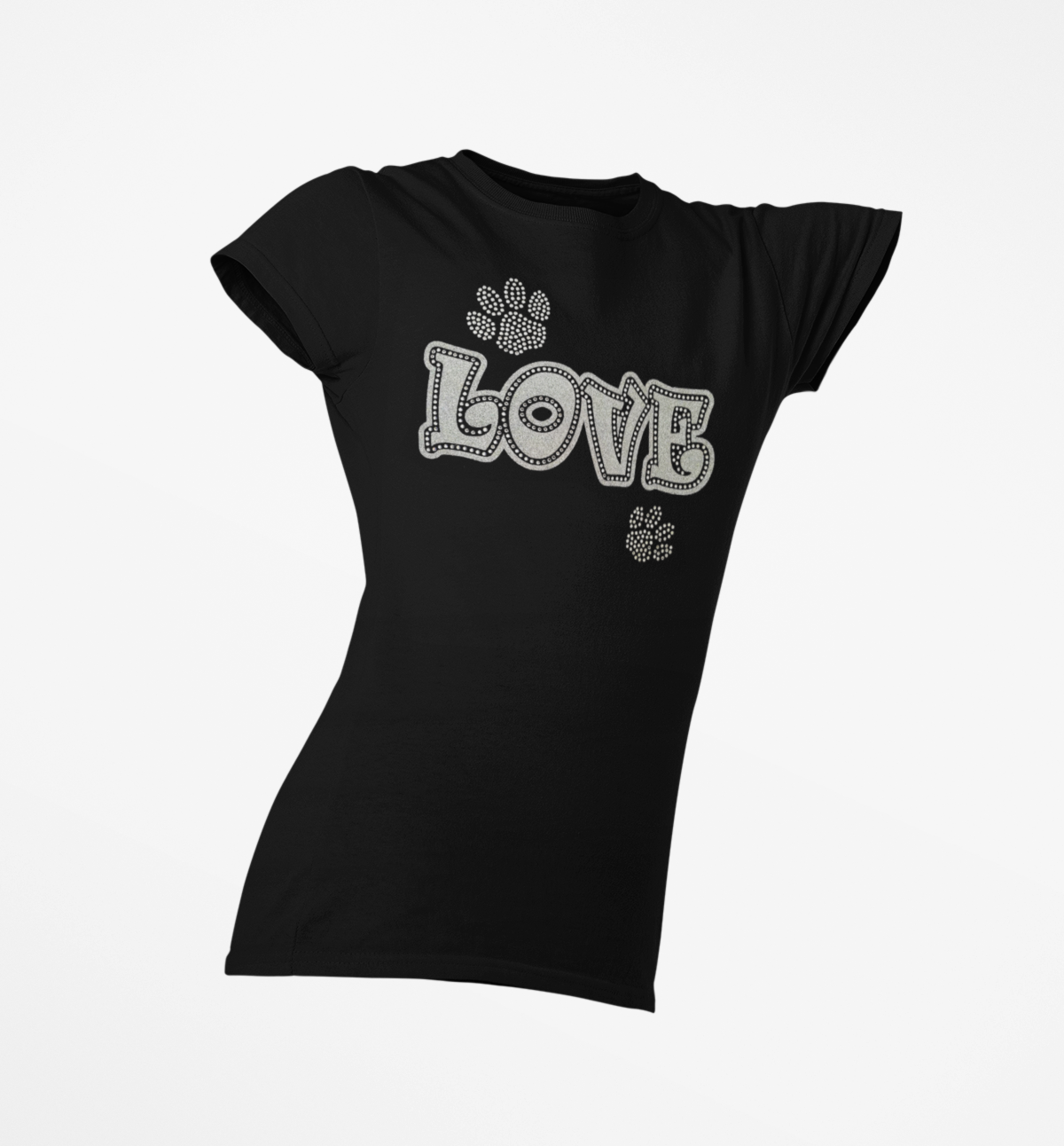 Love with Paws Rhinestones and HTV Black Crew Neck Women's T-Shirts