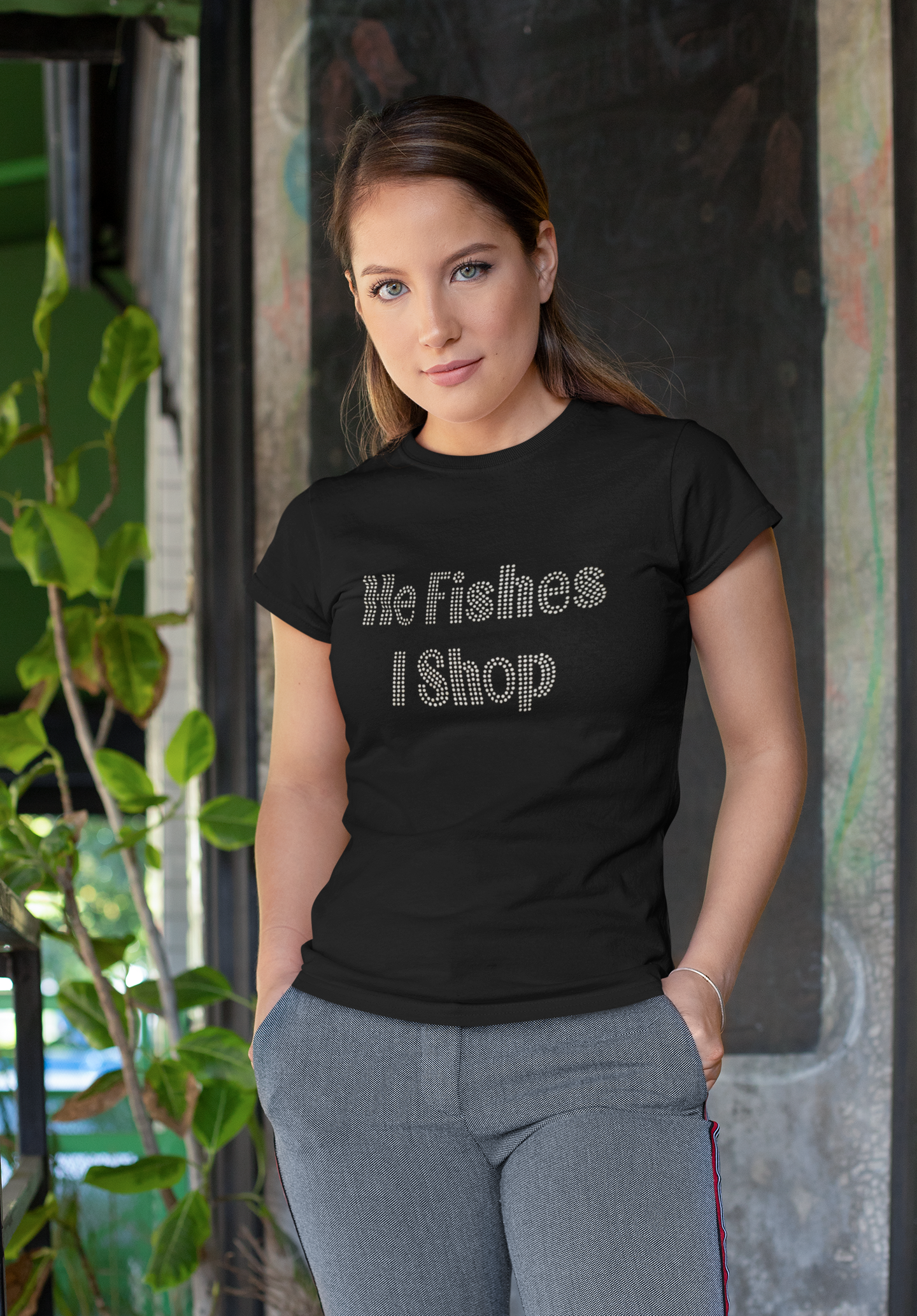 He Fishes I Shop Rhinestones Women's T-Shirts