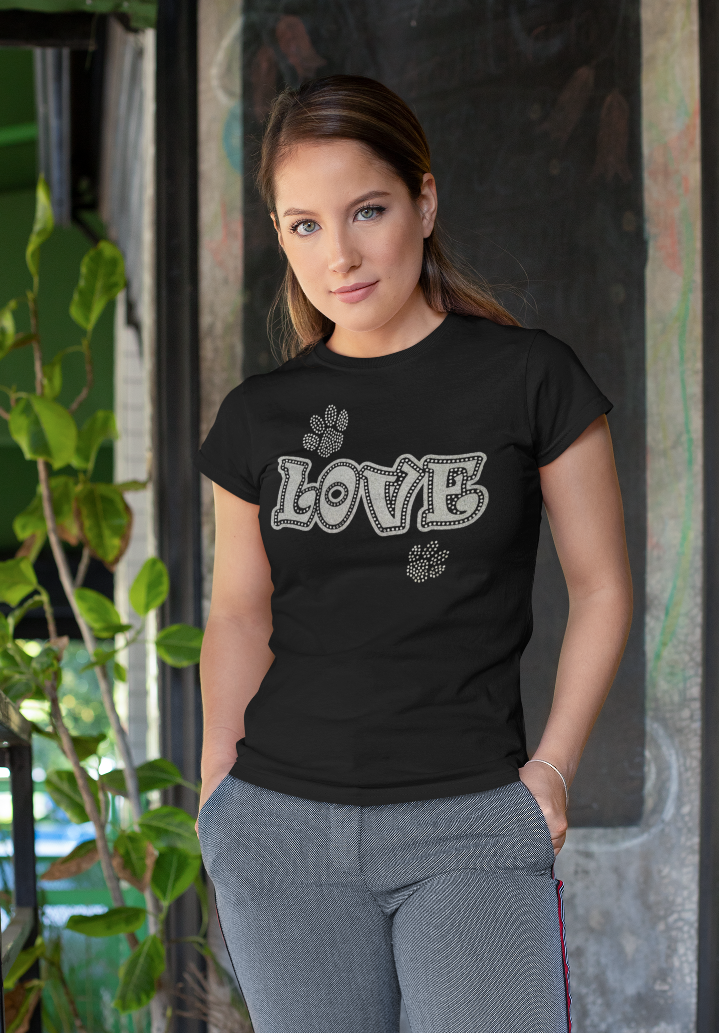 Love with Paws Rhinestones and HTV Black Crew Neck Women's T-Shirts