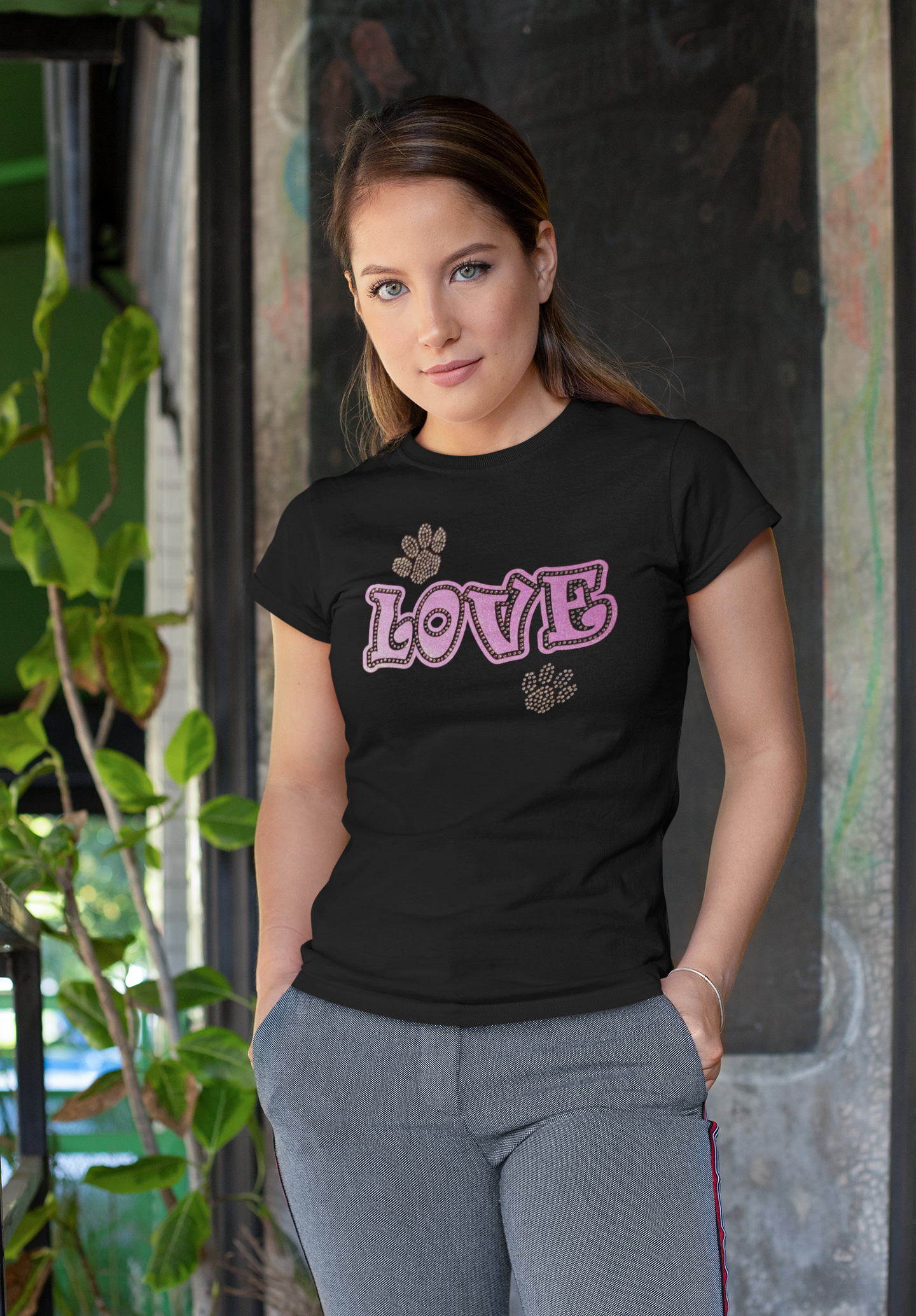 Love with Paws Rhinestones and HTV Black Crew Neck Women's T-Shirts