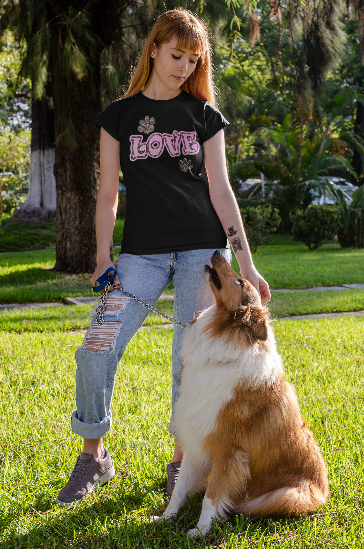 Love with Paws Rhinestones and HTV Black Crew Neck Women's T-Shirts