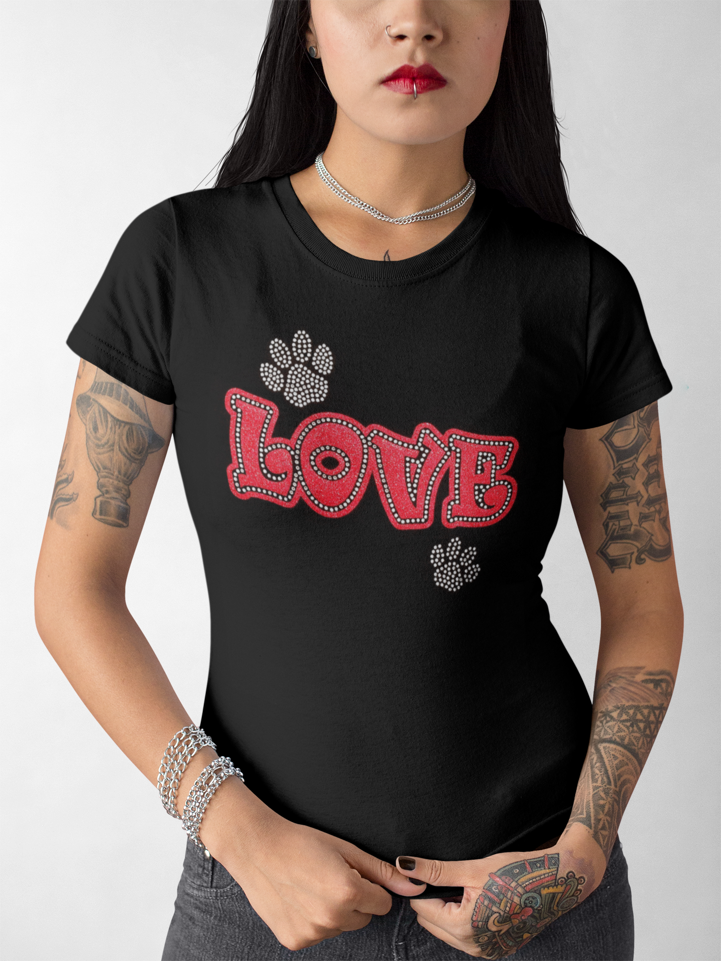 Love with Paws Rhinestones and HTV Black Crew Neck Women's T-Shirts