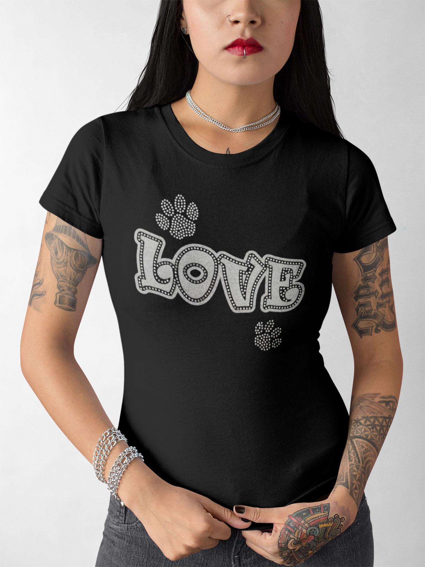 Love with Paws Rhinestones and HTV Black Crew Neck Women's T-Shirts