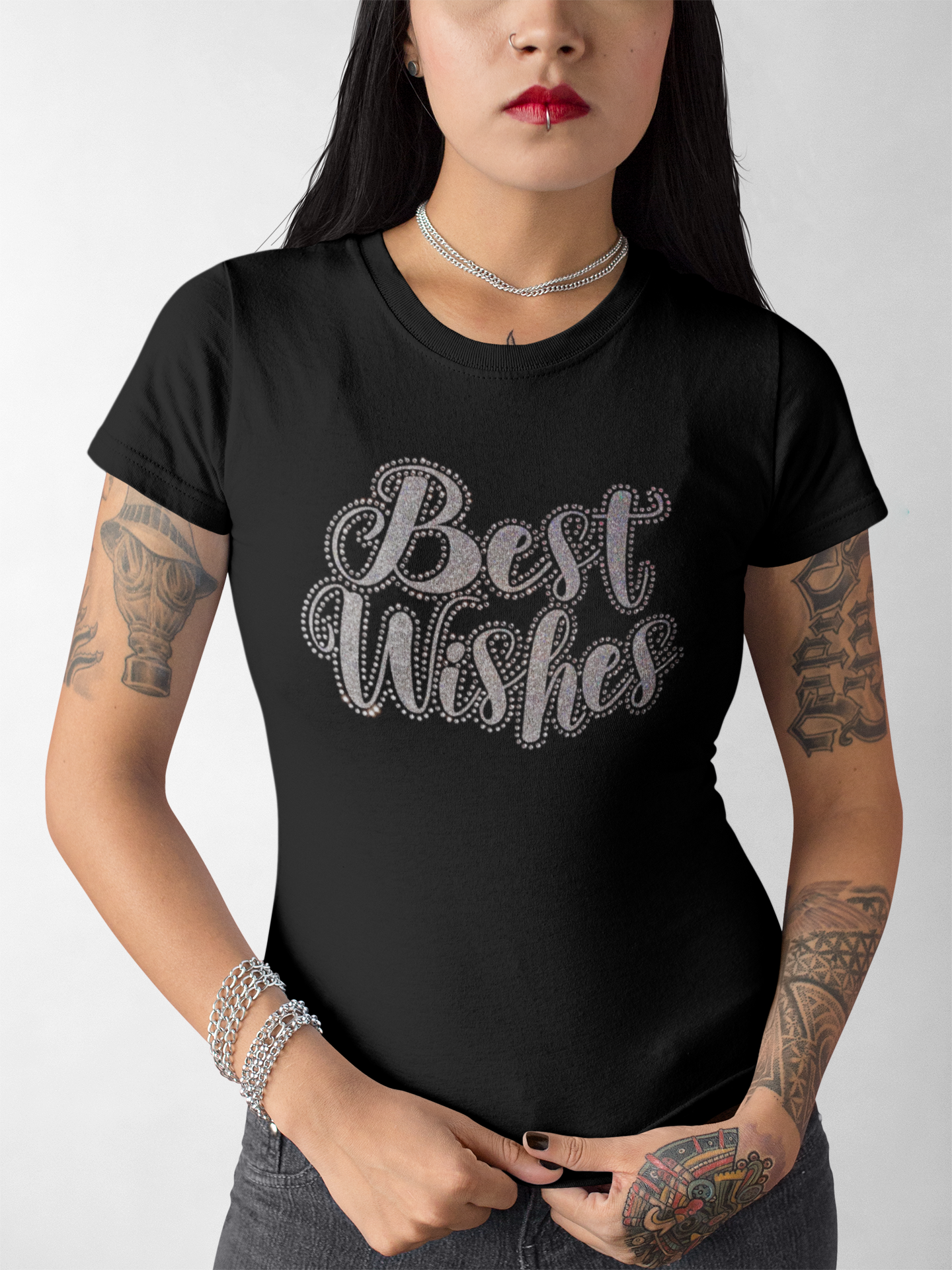 Best Wishes Rhinestones and HTV Black Crew Neck Women's T-Shirts