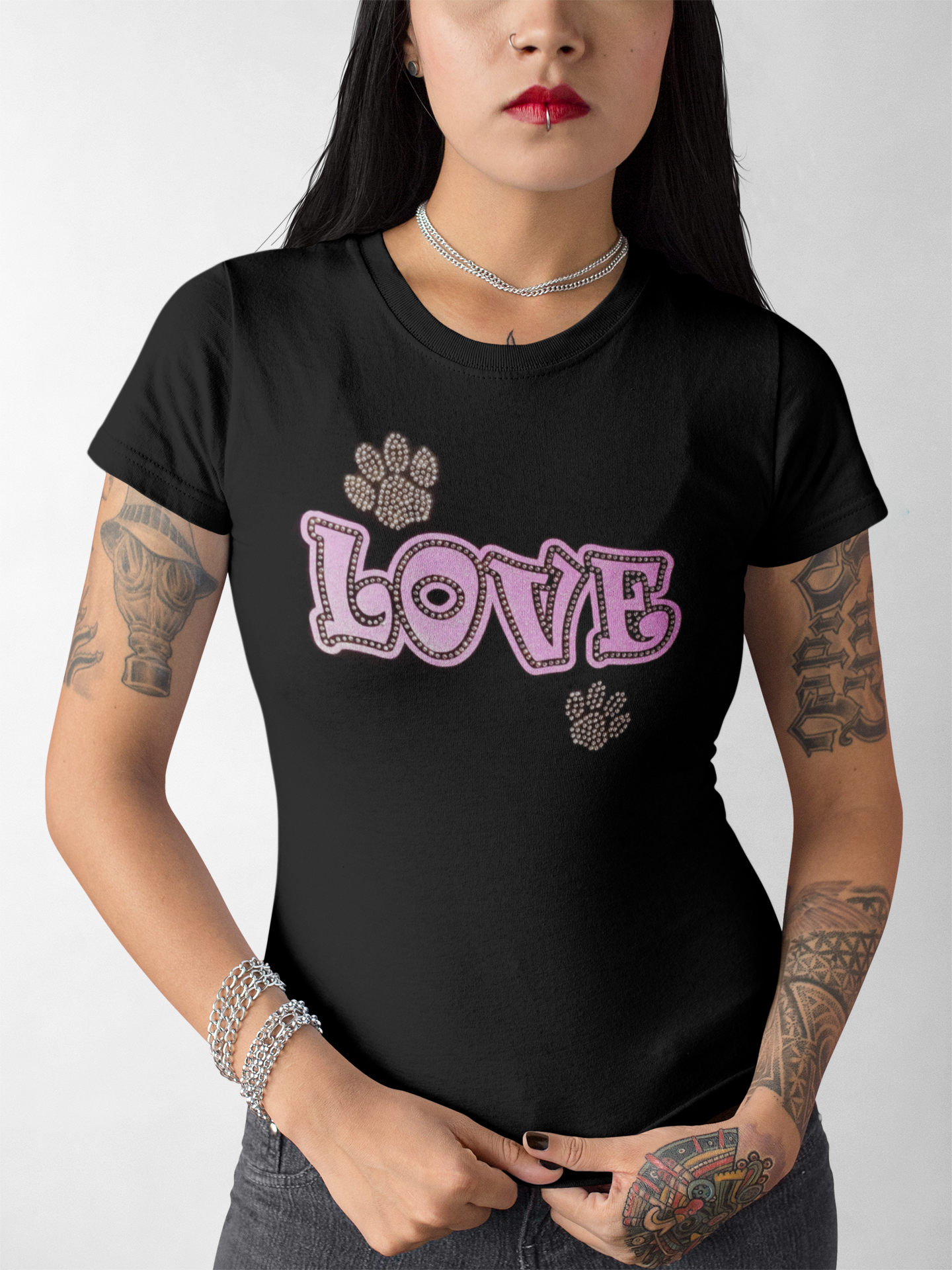 Love with Paws Rhinestones and HTV Black Crew Neck Women's T-Shirts